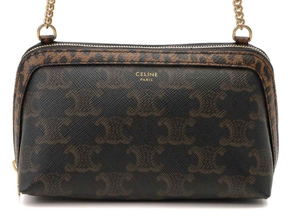 Celine chain shoulder bag Triomphe dark brown leather